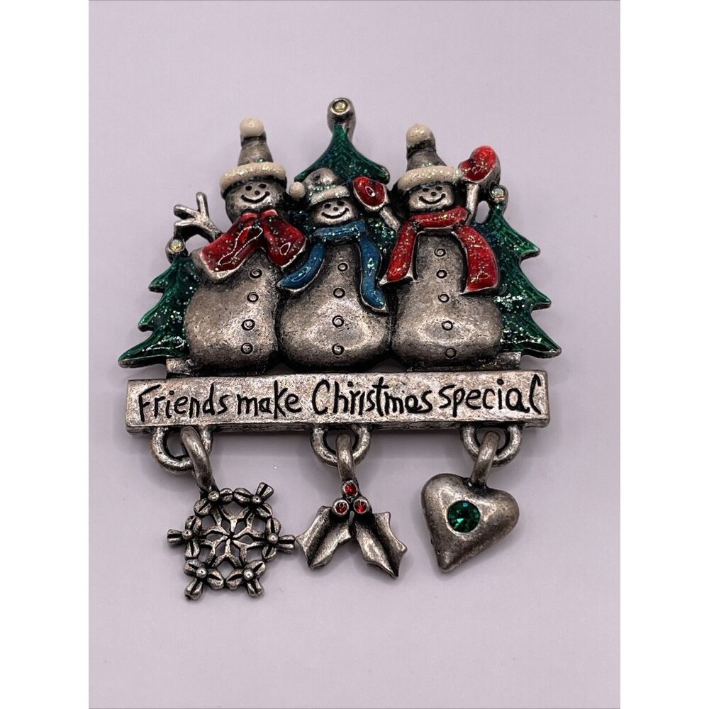Vintage AJMC Christmas Brooch FRIENDS MAKE CHRISTMAS SPECIAL Snowman Dangle‎ Pin